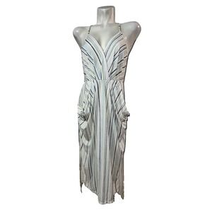 BCBGeneration Womens Blue Tan Striped Sleeveless Midi Dress Draped Pockets S